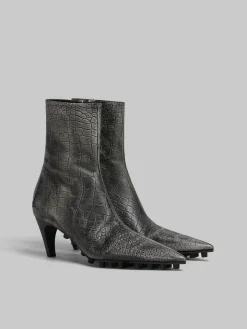 Boots>Marni Spike Ankle Boot In Crocodile Print Leather BLACK