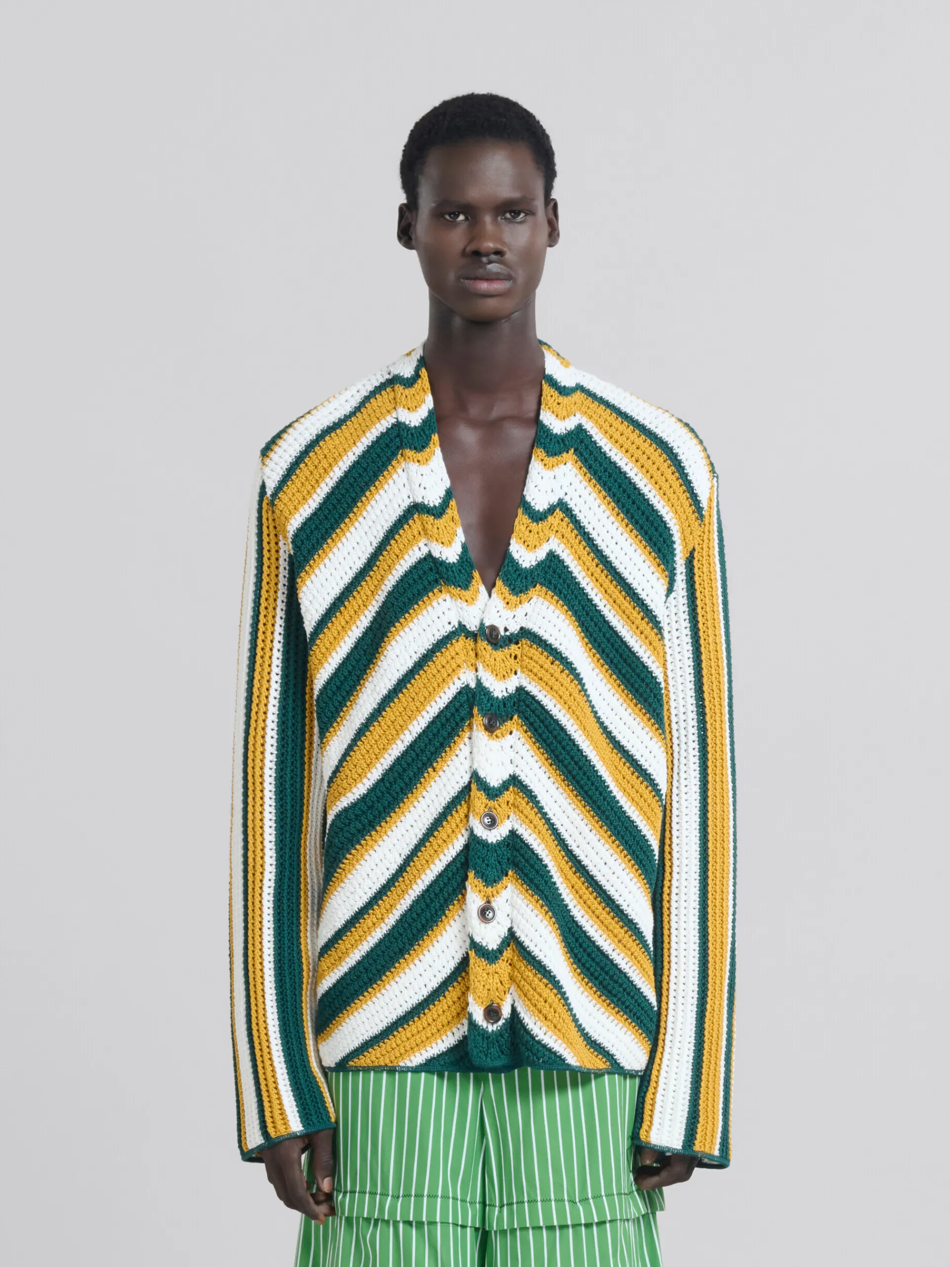 Matching Sets | Knitwear>Marni Teal And Yellow Crochet Cardigan With Chevron Pattern TURQUOISE