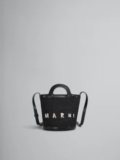 Shoulder Bags | Crossbody Bags>Marni Tropicalia Small Bucket Bag In Leather And Raffia-effect Fabric BLACK