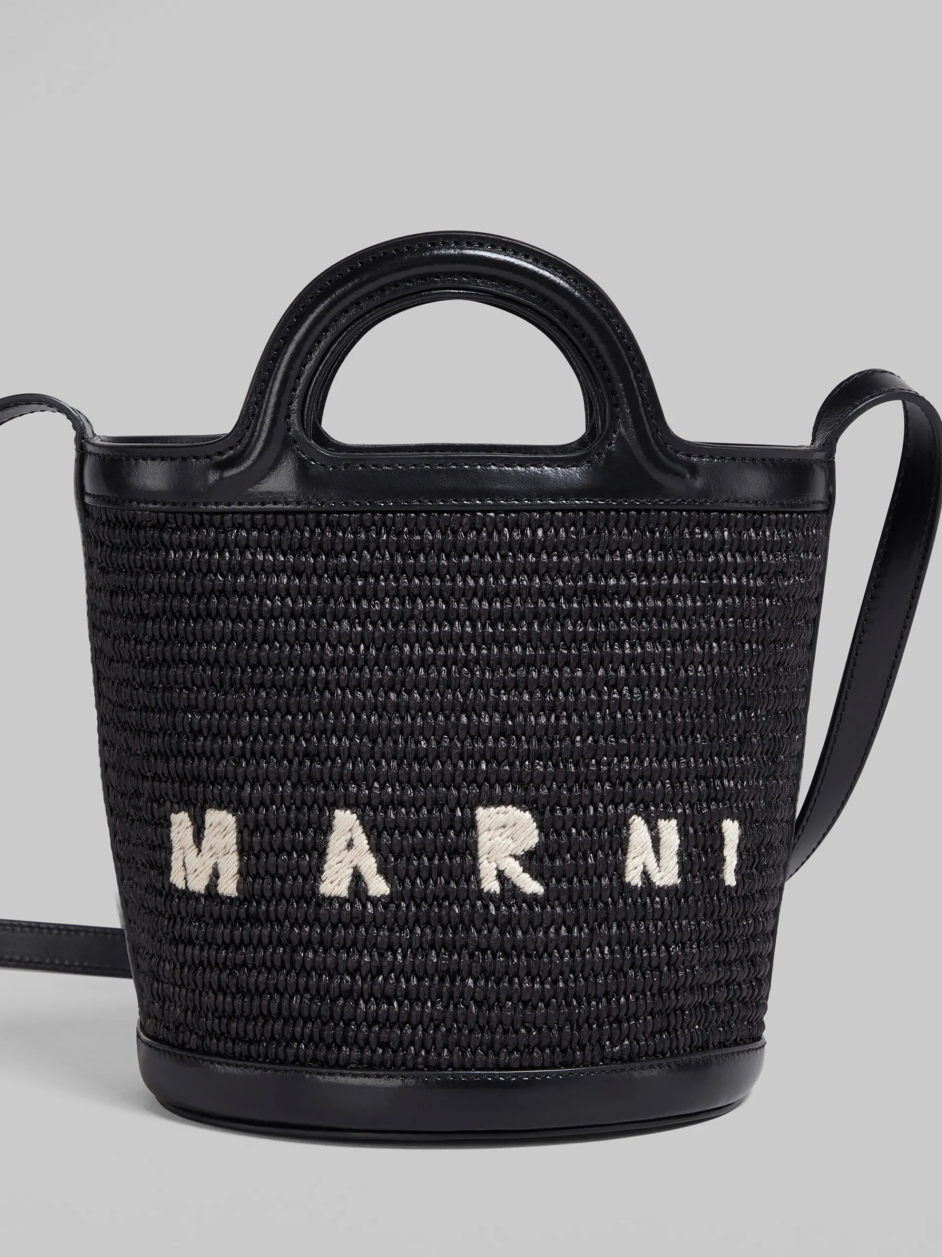 Shoulder Bags | Crossbody Bags>Marni Tropicalia Small Bucket Bag In Leather And Raffia-effect Fabric BLACK