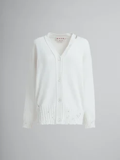 Knitwear>Marni White Dishevelled Cotton Cardigan With Mending Logo LILYWHITE