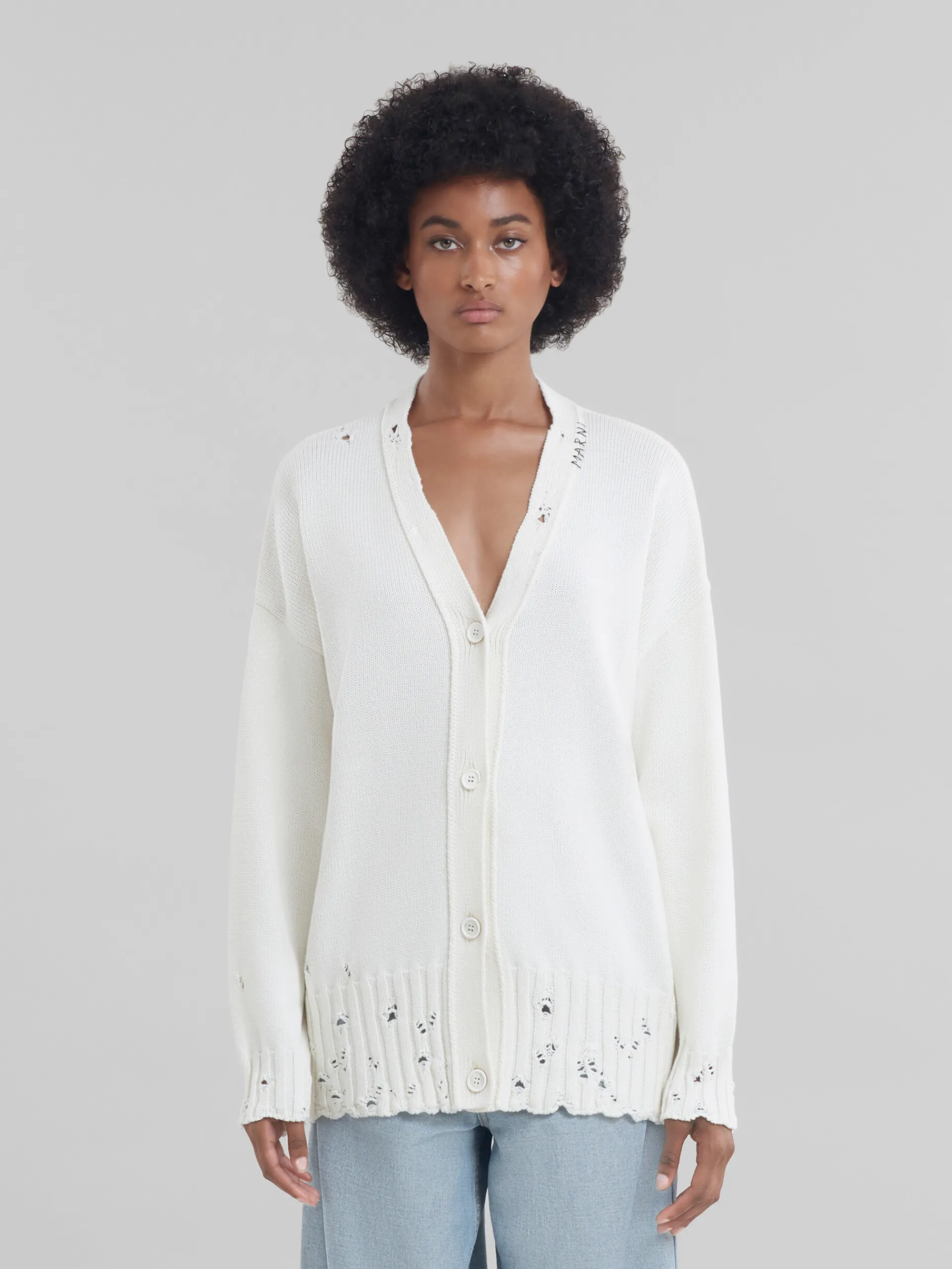 Knitwear>Marni White Dishevelled Cotton Cardigan With Mending Logo LILYWHITE