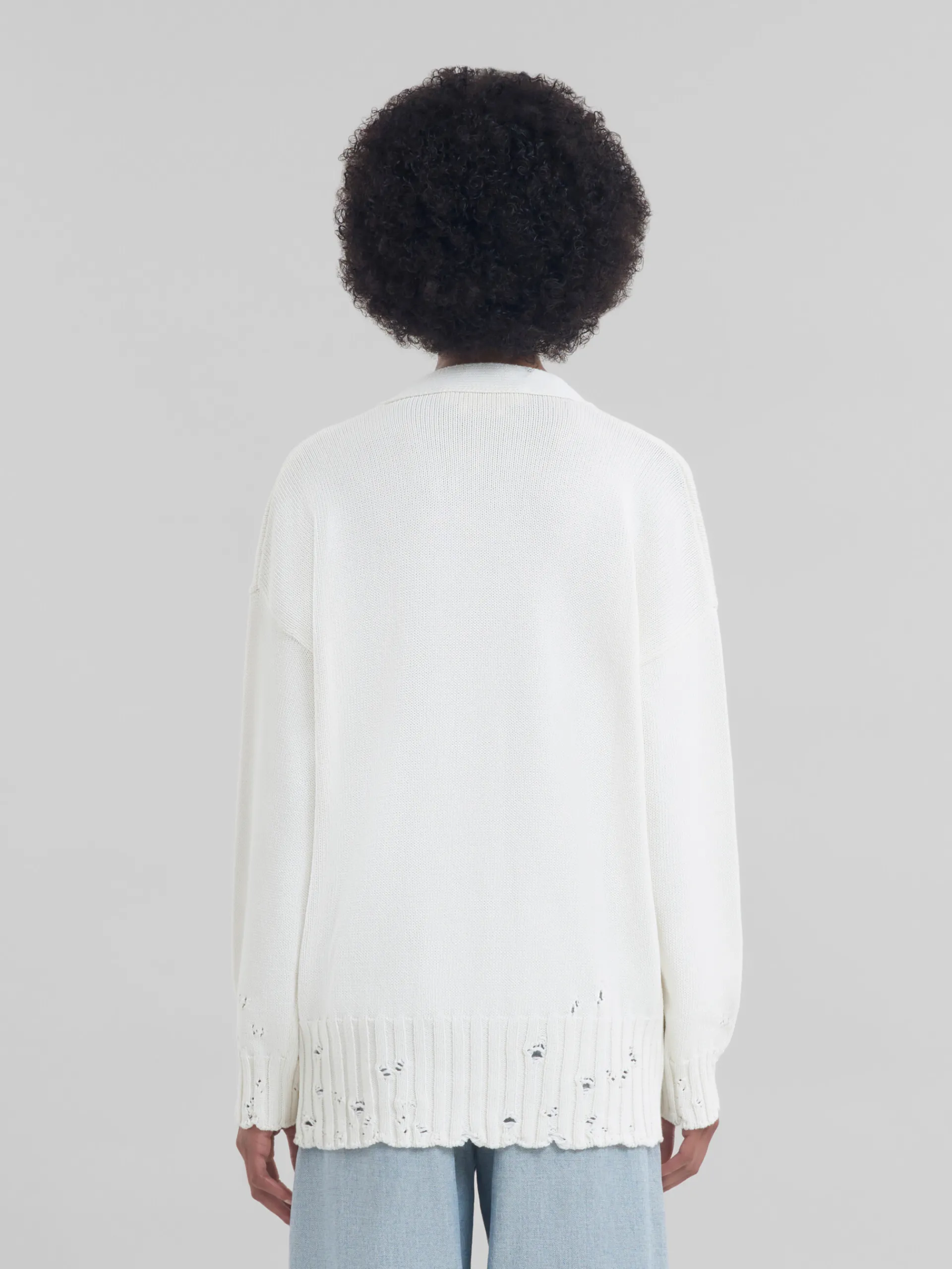 Knitwear>Marni White Dishevelled Cotton Cardigan With Mending Logo LILYWHITE