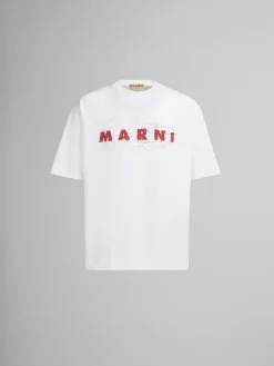 Tops & T-Shirts>Marni White Organic Cotton T-shirt With Wrinkled Logo LILYWHITE