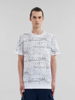 Tops & T-Shirts>Marni White Organic Cotton T-shirt With Scribble Motif LILYWHITE