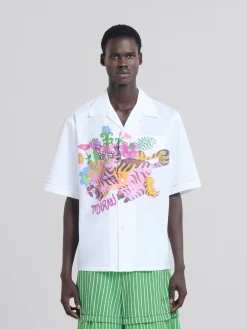 Tops & T-Shirts>Marni White Organic Poplin Bowling Shirt With Print LILYWHITE