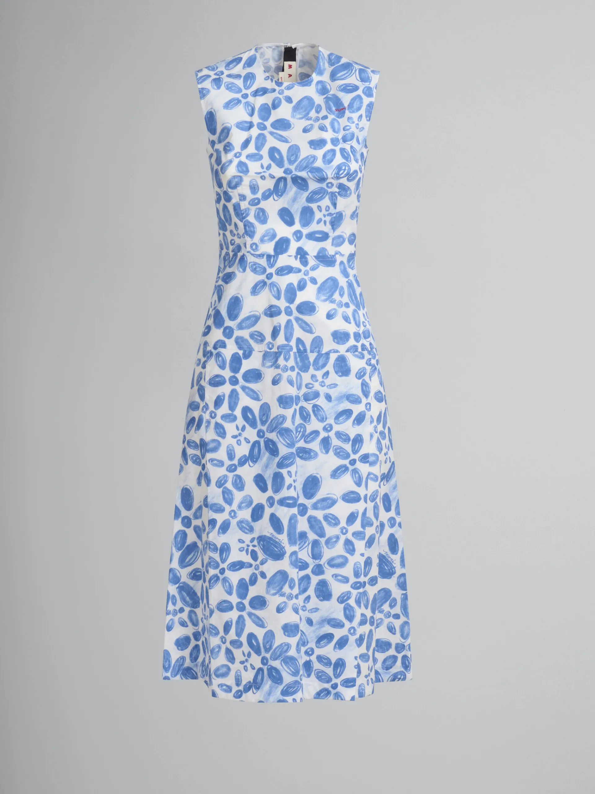 Dresses>Marni White Poplin A-line Dress With Blooming Print IRISBLUE