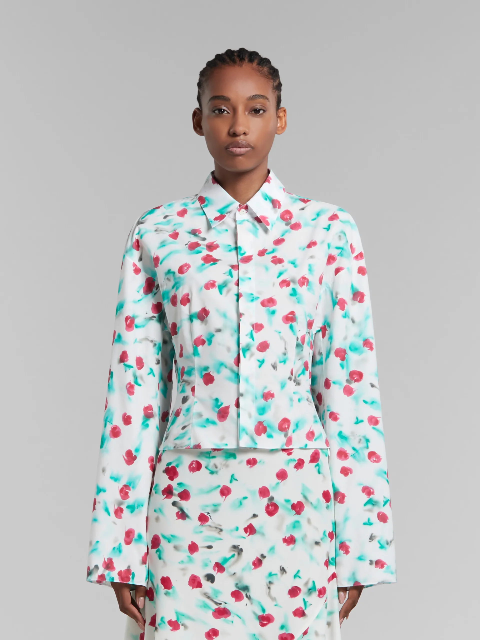 Tops & T-Shirts>Marni White Poplin Gathered Shirt With Reverie Print LILYWHITE